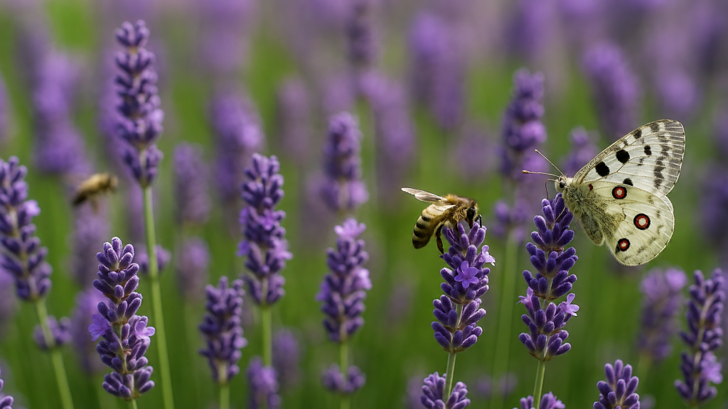 Ein blühendes Lavendelfeld voller summender Bienen und einem weißen Schmetterling – ein lebendiger Lebensraum für Insekten und Symbol für den Naturschutz an der Mosel.