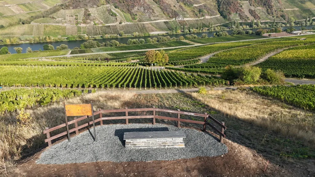 Luftaufnahme des Sitzplatzes an der Bienendisko auf dem Galgisberg mit Weinbergen und Mosel im Hintergrund.